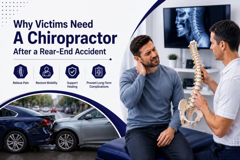 Chiropractor treating a rear-end accident victim with neck pain and whiplash.
